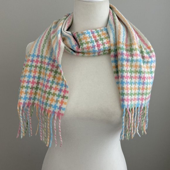 Merona Houndstooth Cream Colorful Woven Winter Scarf 48”x11” Fringed Germany - Picture 3 of 5